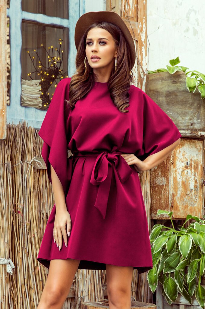 287-18 SOFIA Sukienka motyl z wiązaniem w pasie &#8211; BORDOWA