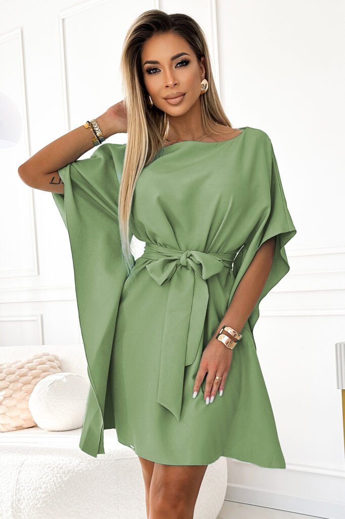 287-27 SOFIA Sukienka motyl z wiązaniem w pasie &#8211; OLIWKA