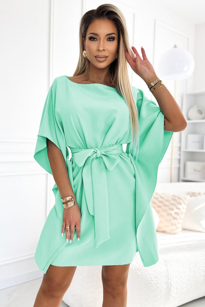 287-31 SOFIA Kobieca sukienka motyl z wiązaniem w pasie &#8211; MIĘTA