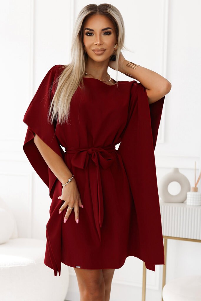 287-34 SOFIA Kobieca sukienka motyl z wiązaniem w pasie &#8211; BORDOWA