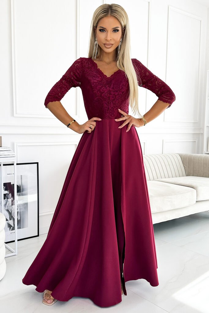 309-9 AMBER elegancka długa suknia maxi z koronkowym dekoltem &#8211; BORDOWA