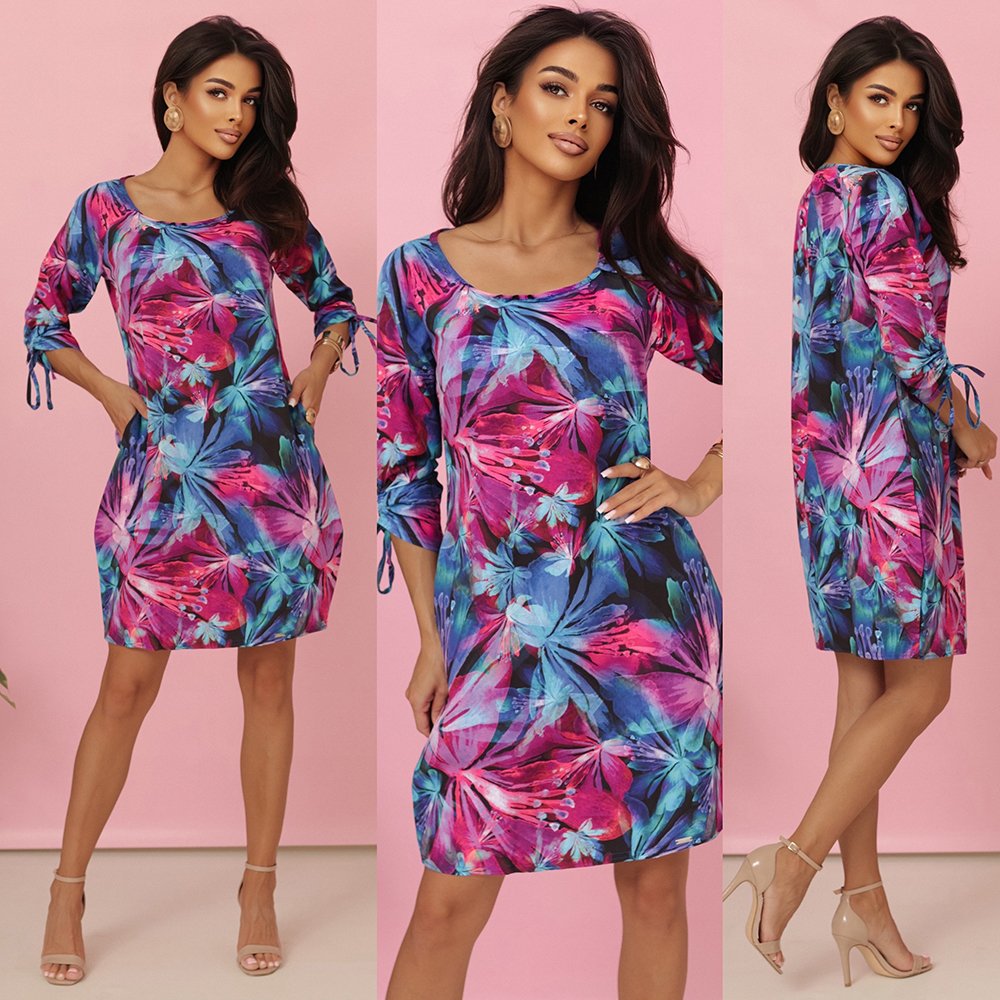 323-2 Wygodna sukienka oversize z wiązaniem na rękawkach - kolorowe kwiaty - obrazek 12