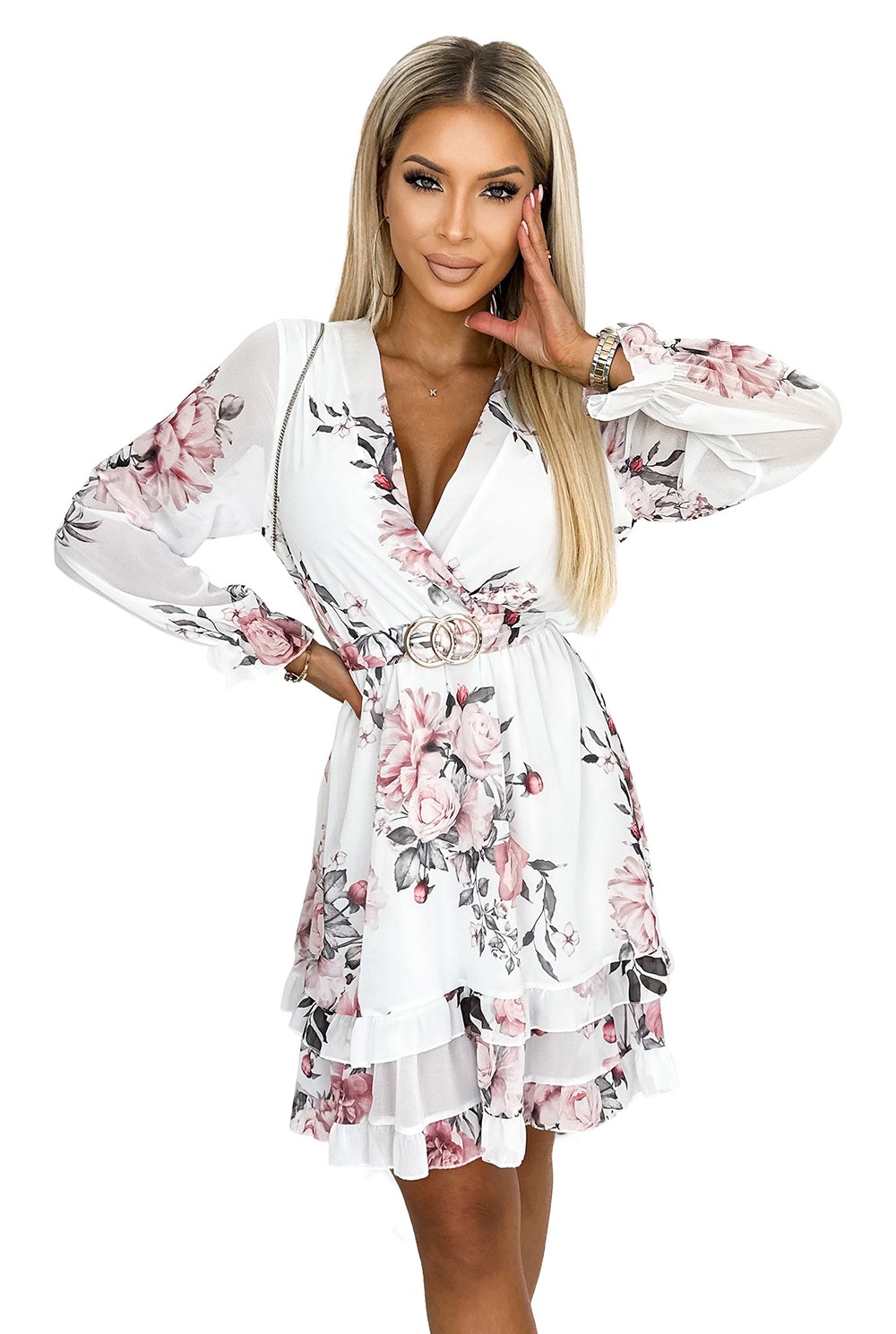 422-2 ROSETTA Kobieca sukienka z kopertowym dekoltem i paskiem - BIAŁA W RÓŻE - obrazek 6