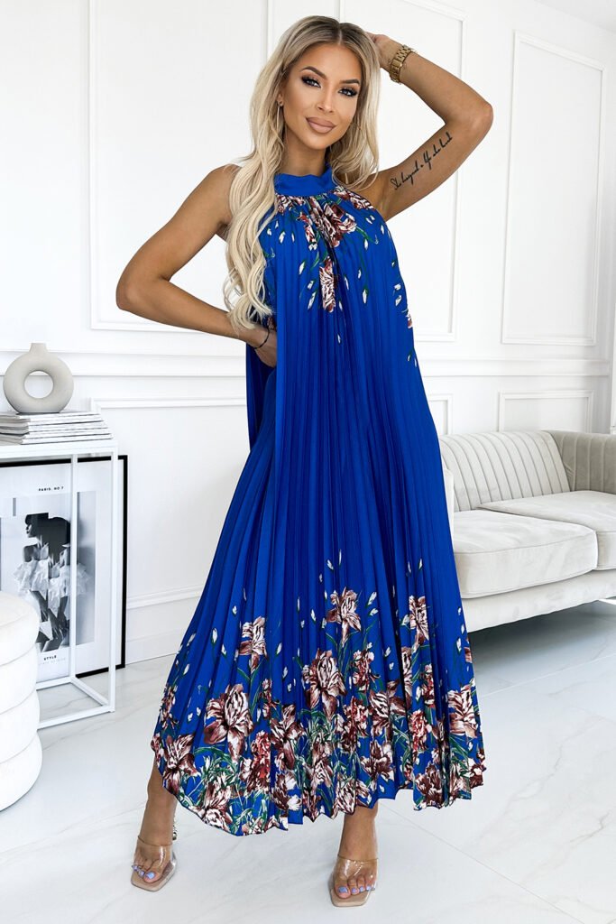 456-1 ESTER Plisowana satynowa sukienka maxi &#8211; CHABROWA W KWIATY
