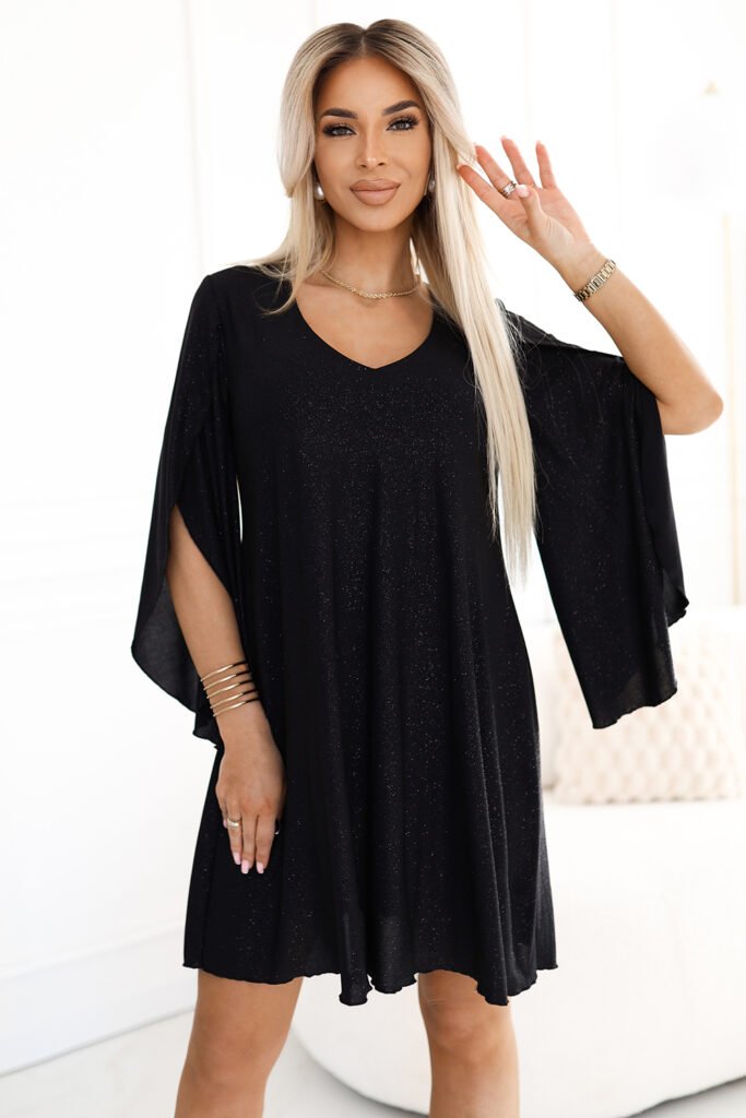 597-1 LIVIA Elegancka trapezowa sukienka z rękawami typu motyl &#8211; czarna z brokatem