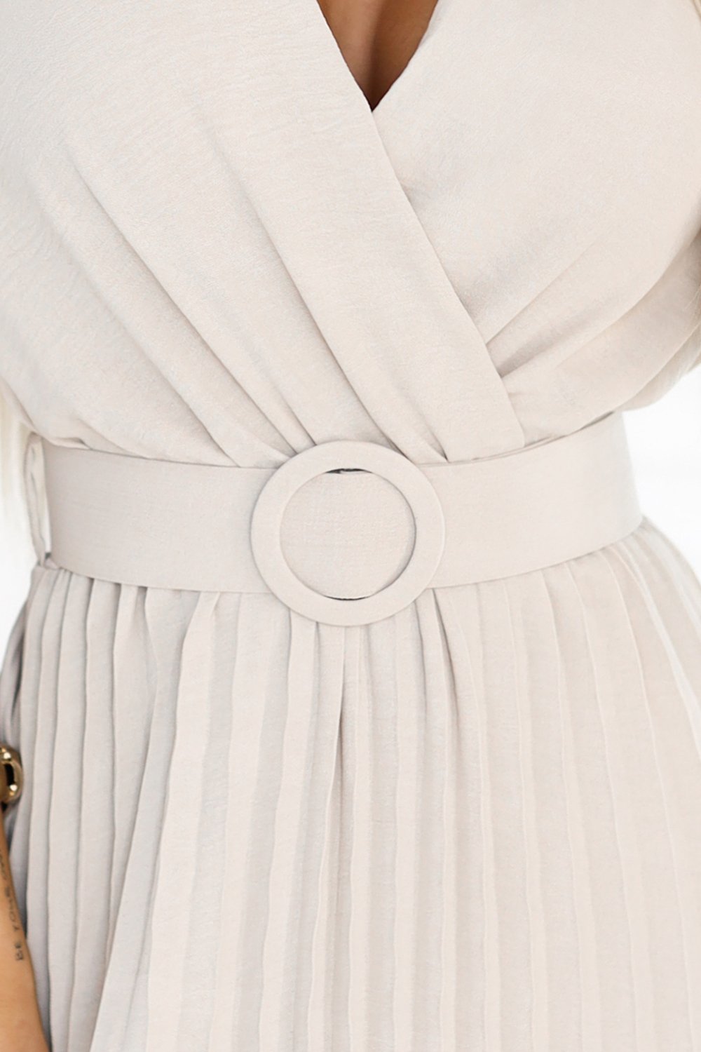 607-1 LYRA plisowana sukienka midi z kopertowym dekoltem i szerokim paskiem - BEŻOWA - obrazek 6