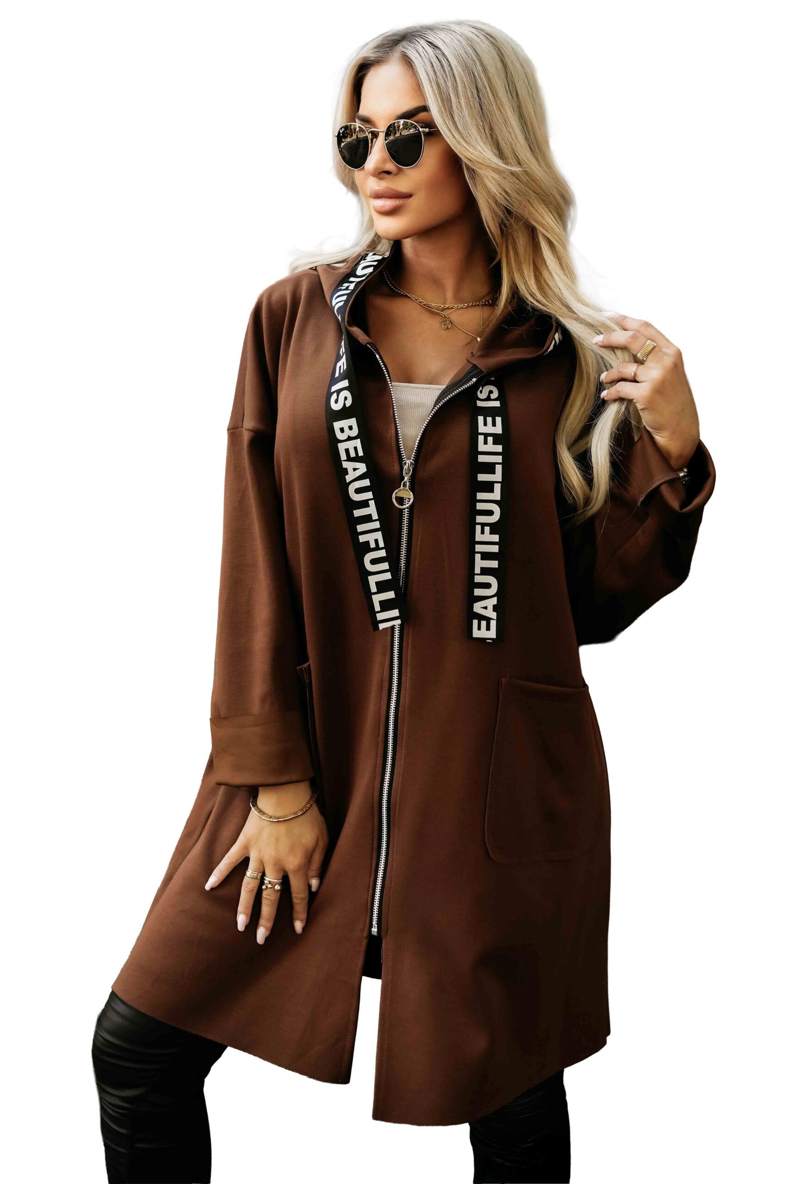 632-2 Casualowy płaszczyk z zamkiem i modnymi detalami - czekoladowy - obrazek 9