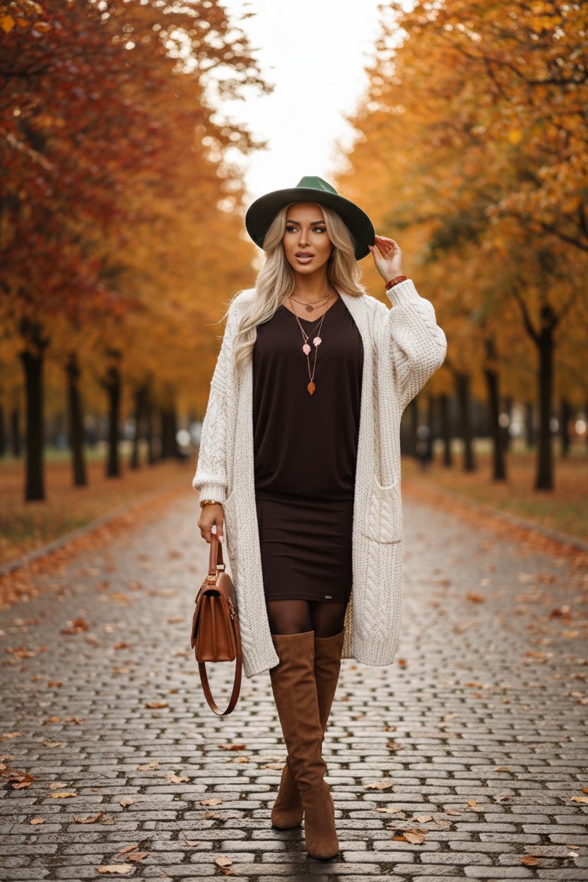 402-9 Wygodna sukienka nietoperz z długim rękawkiem - czekoladowa - obrazek 6