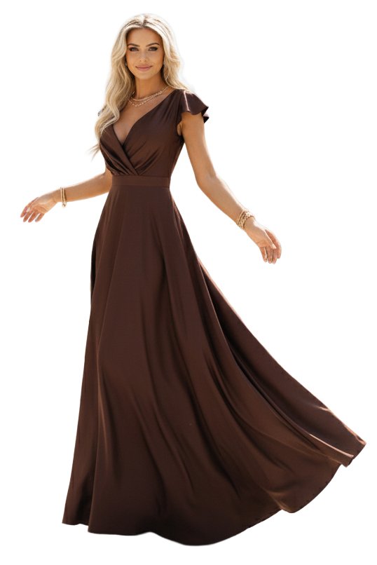 411-15 CRYSTAL satynowa długa suknia z dekoltem - czekoladowa - obrazek 10