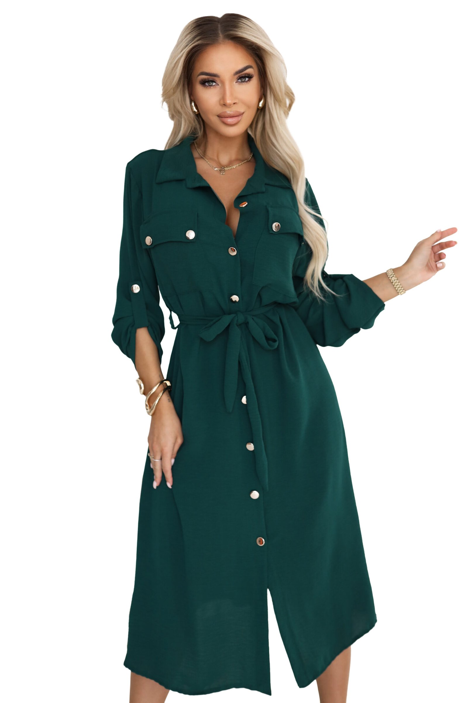 531-7 Szmizjerka midi ze złotymi guzikami i wiązaniem - zielona - obrazek 7